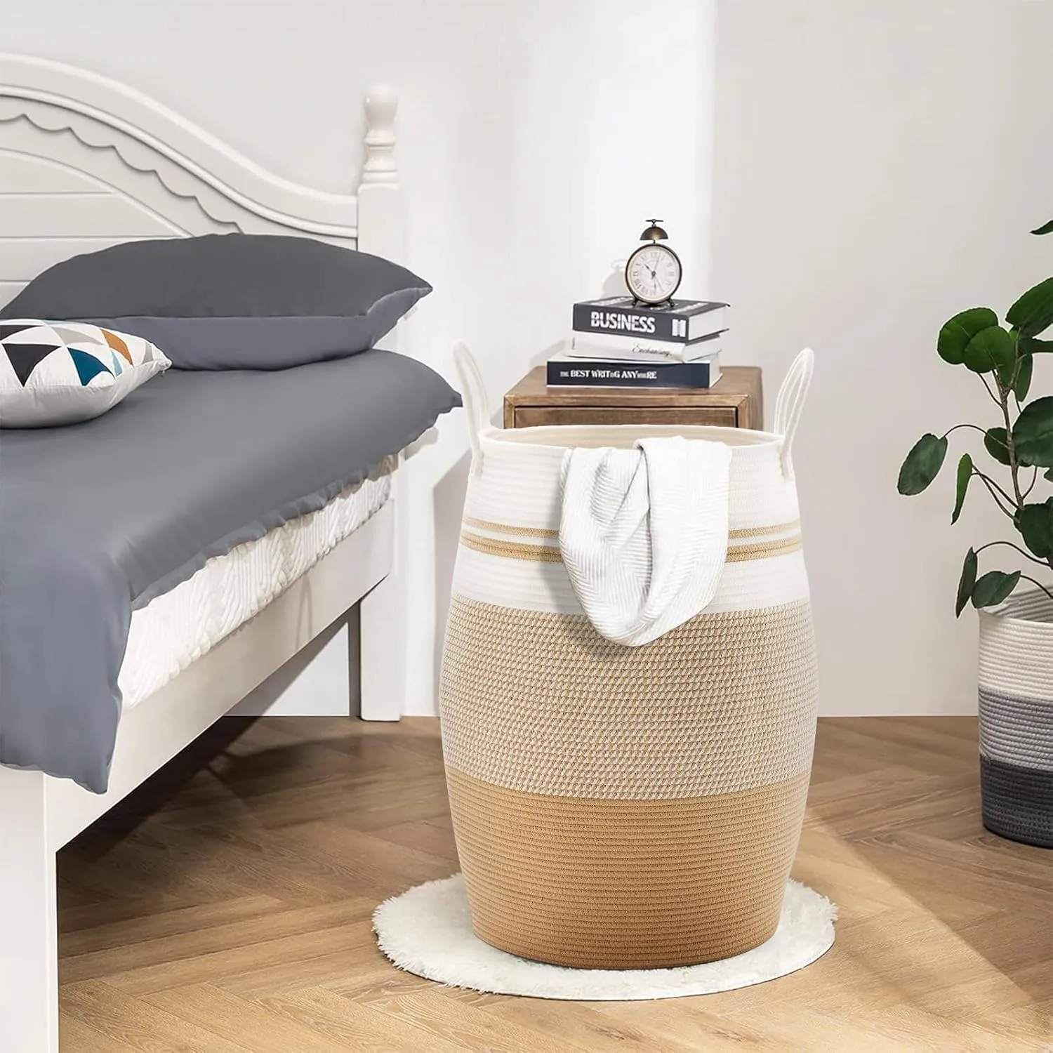 105L Extra Large Woven Laundry Hamper Basket with Heavy Duty Cotton Rope Handles for Clothes and Toys in Bedroom, Nursery Room, Bathroom
