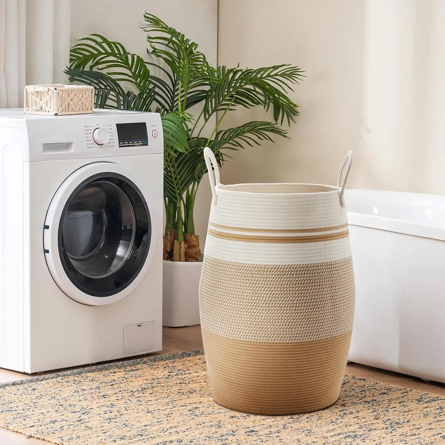 105L Extra Large Woven Laundry Hamper Basket with Heavy Duty Cotton Rope Handles for Clothes and Toys in Bedroom, Nursery Room, Bathroom