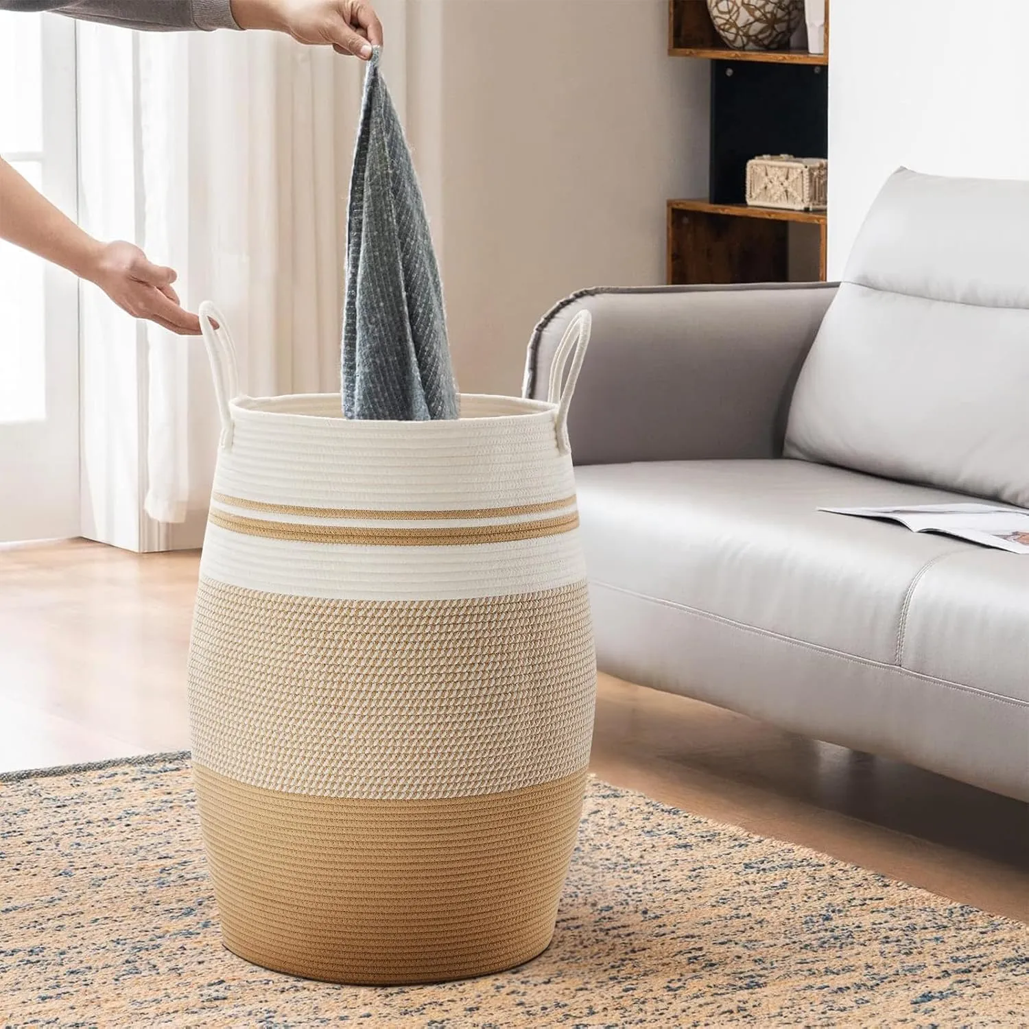 105L Extra Large Woven Laundry Hamper Basket with Heavy Duty Cotton Rope Handles for Clothes and Toys in Bedroom, Nursery Room, Bathroom