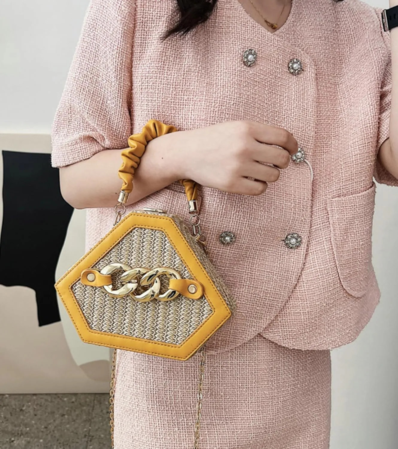 Chain Woven Crossbody Bag Versatile Box Handbag PU Top Handle Chain Strap Mini Satchel Women 2024 Trendy Shoulder