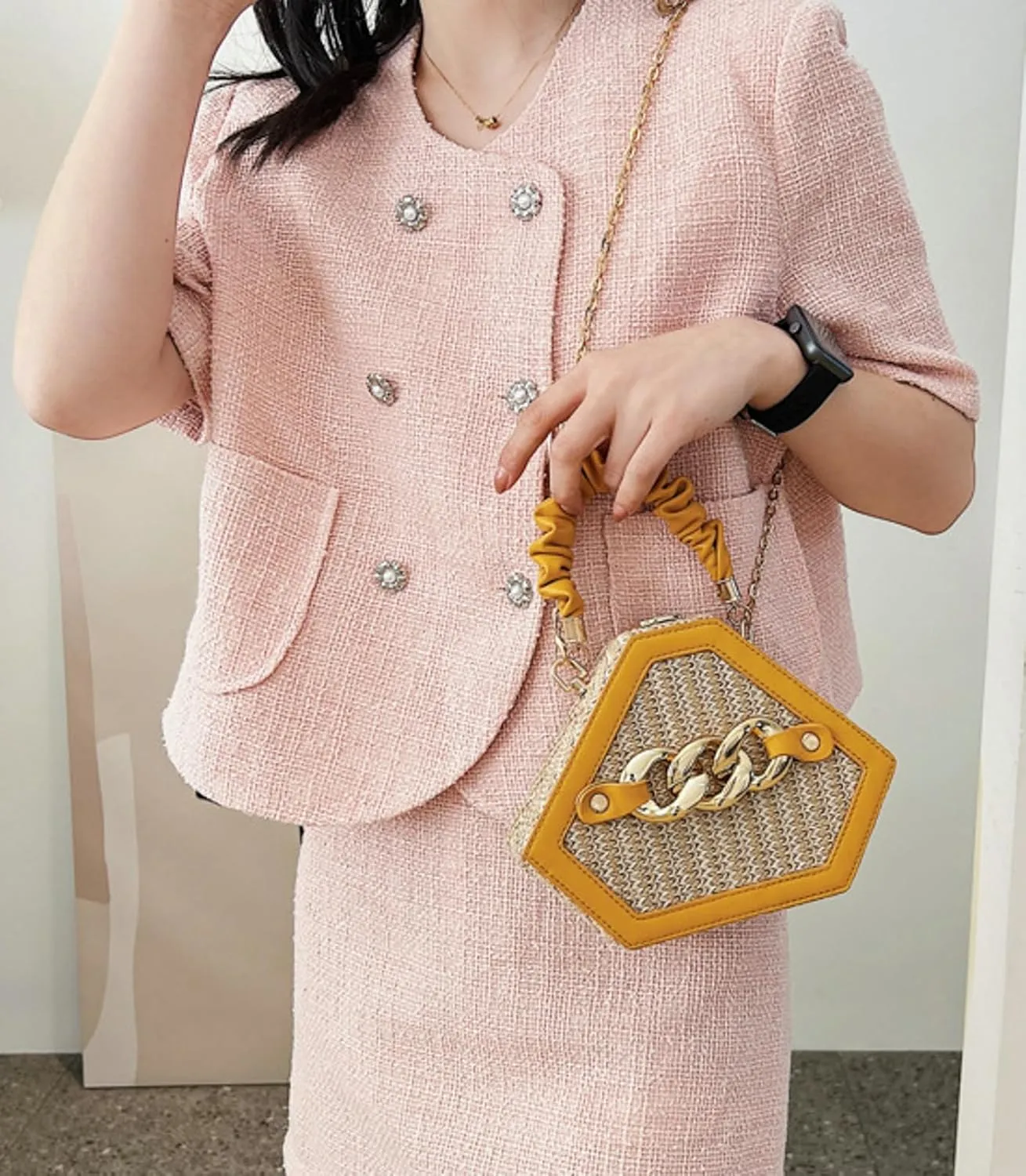Chain Woven Crossbody Bag Versatile Box Handbag PU Top Handle Chain Strap Mini Satchel Women 2024 Trendy Shoulder