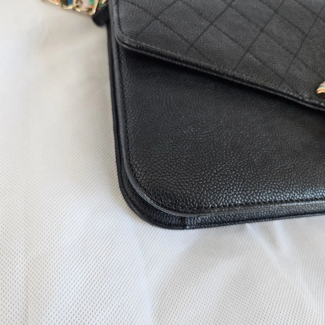Chanel black quilted leather thread around wallet on chain
