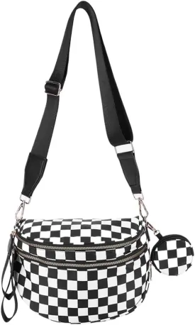 Checkered Bum Bag - Crossbody Checkered Bags for Women Checkerboard Purse Plaid Fanny Pack with Small Purse (A01 Checker Black)