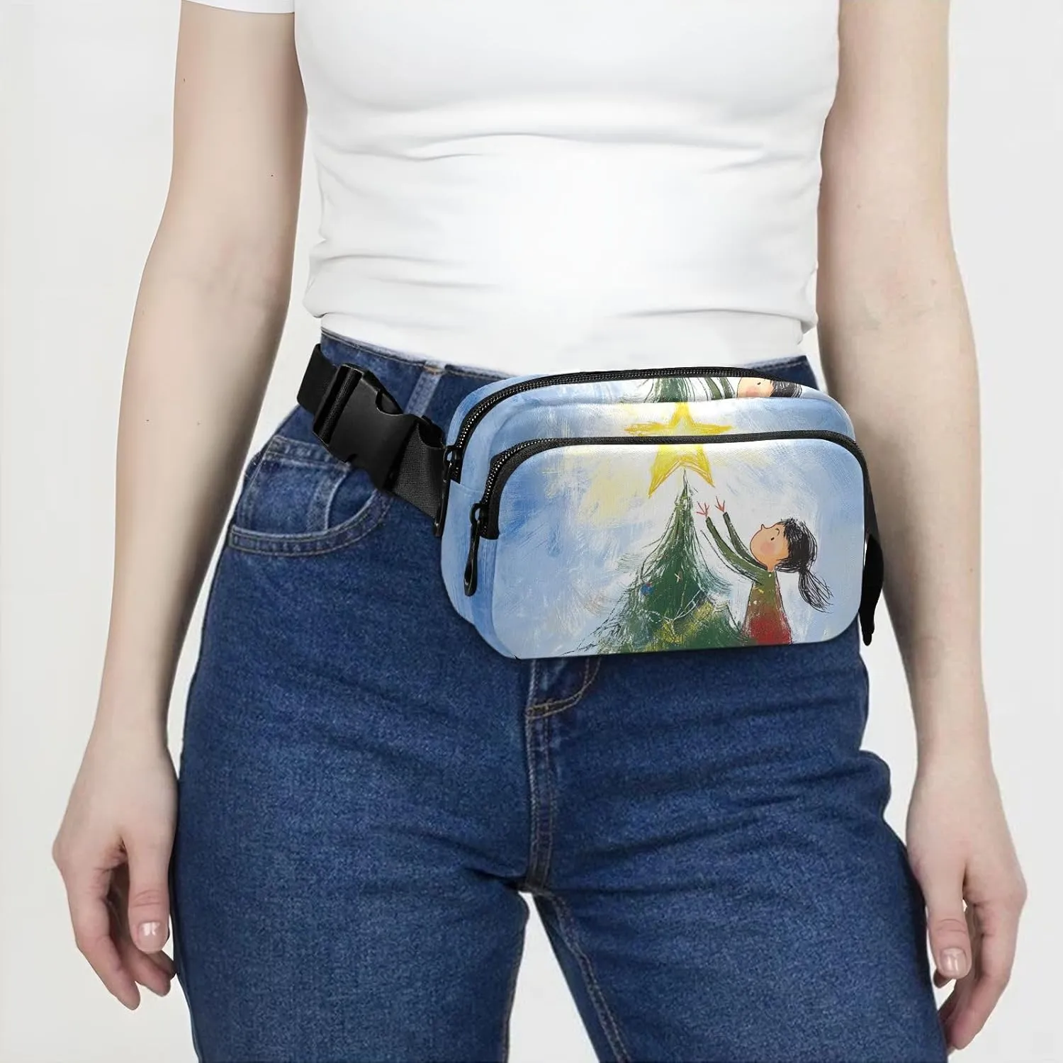Christmas Tree Star Girl Stylish Fanny Waist Pack for Women Men Teens Multipurpose Crossbody Passport Bag with Adjustable Strap for Travel Running Hiking