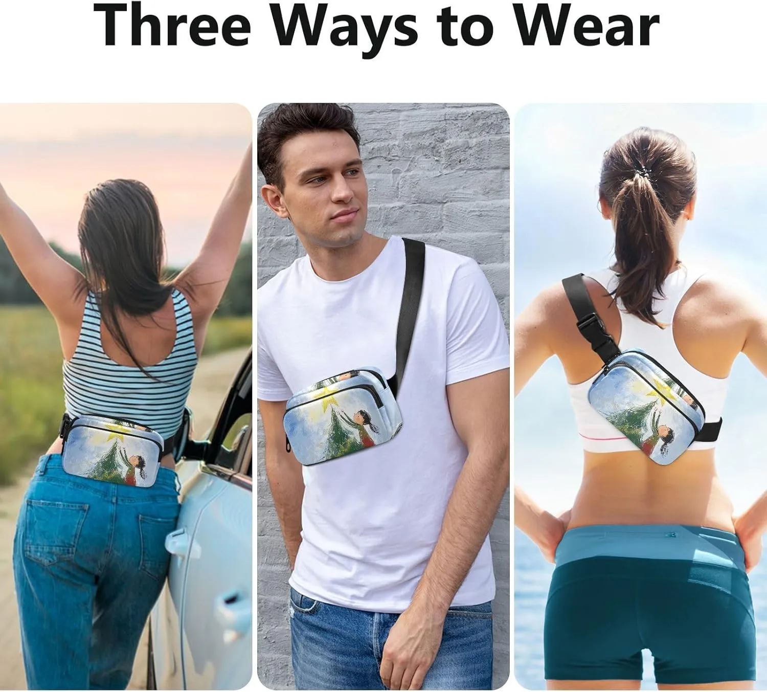 Christmas Tree Star Girl Stylish Fanny Waist Pack for Women Men Teens Multipurpose Crossbody Passport Bag with Adjustable Strap for Travel Running Hiking