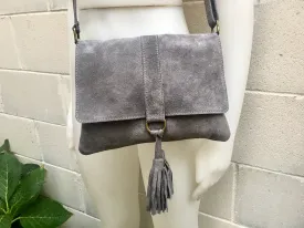 Cross body bag. BOHO suede leather bag in dark GRAY. Soft genuine suede leather. Crossover, messenger bag in suede. Dark GREY leather bag