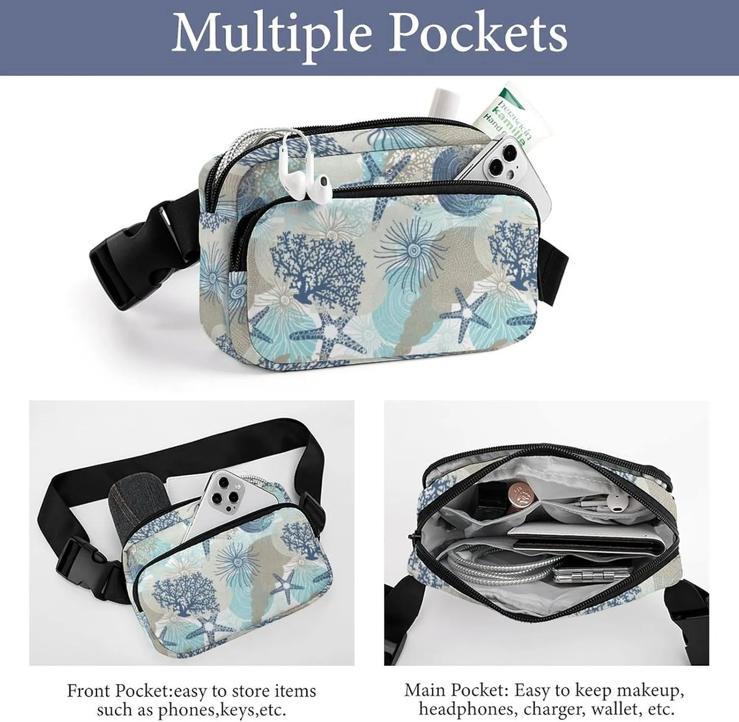 Cute Starfish Fanny Pack Belt Bag with Adjustable Strap Sea Shells And Corals Waist Packs Small Pouch Crossbody Bags for Hiking Running Cycling Traveling