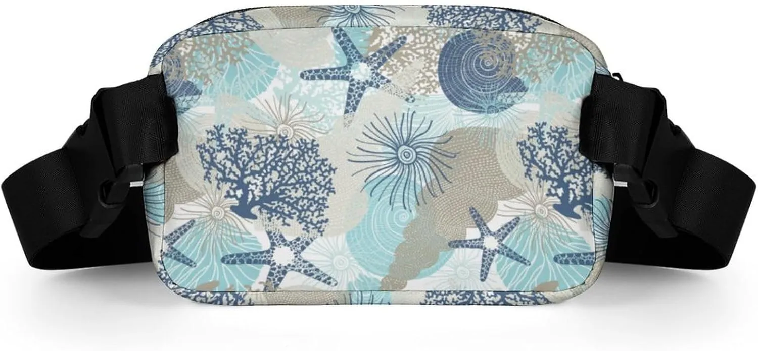 Cute Starfish Fanny Pack Belt Bag with Adjustable Strap Sea Shells And Corals Waist Packs Small Pouch Crossbody Bags for Hiking Running Cycling Traveling