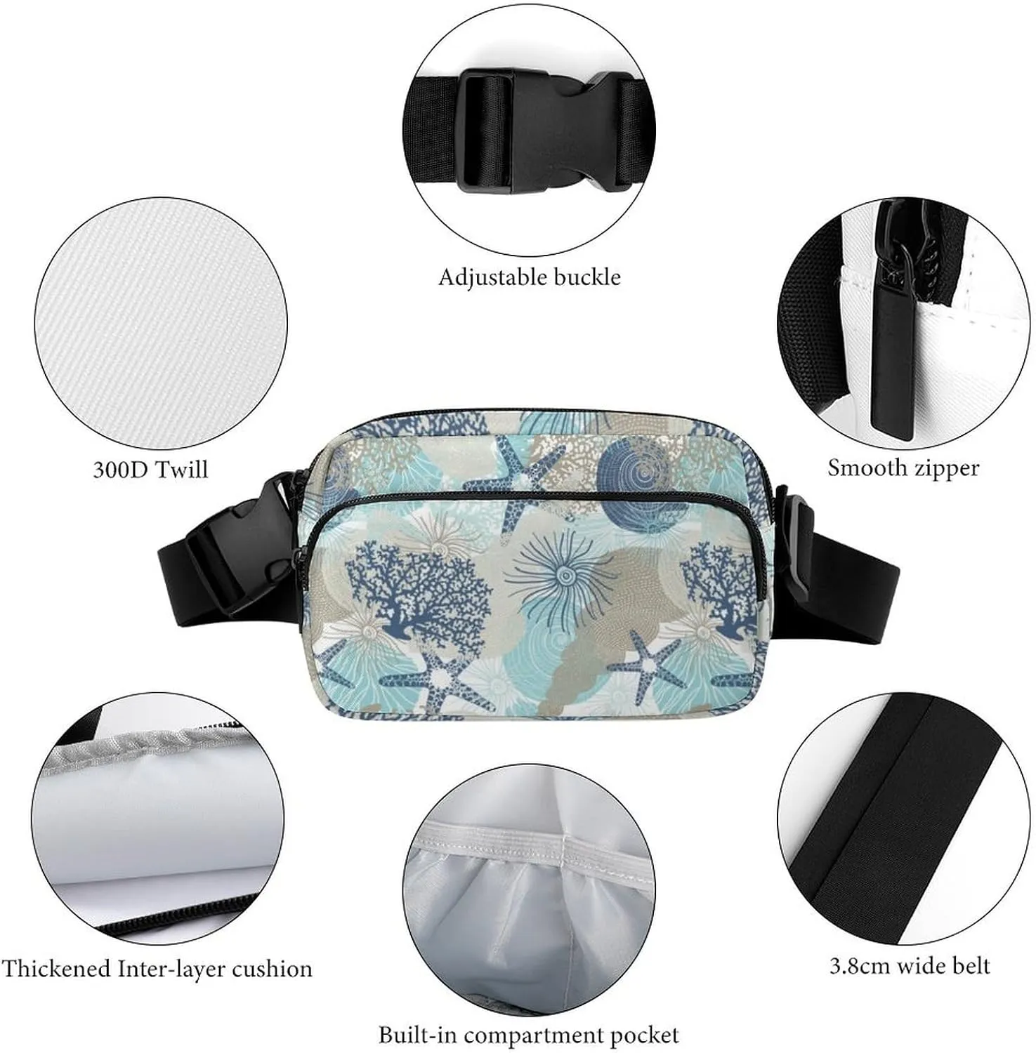 Cute Starfish Fanny Pack Belt Bag with Adjustable Strap Sea Shells And Corals Waist Packs Small Pouch Crossbody Bags for Hiking Running Cycling Traveling