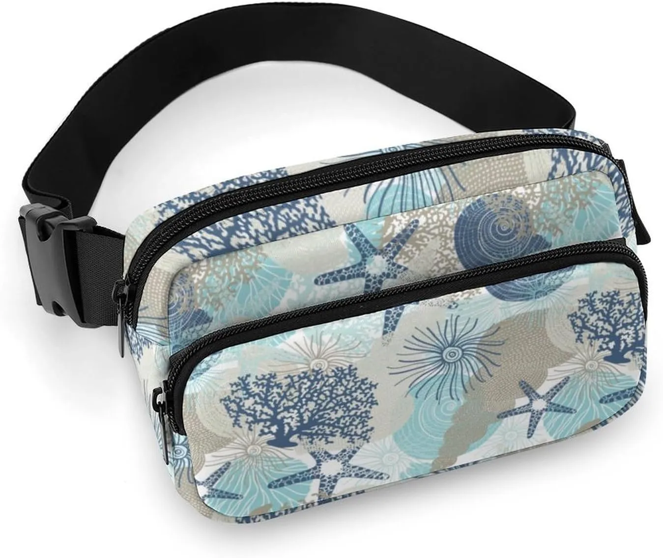 Cute Starfish Fanny Pack Belt Bag with Adjustable Strap Sea Shells And Corals Waist Packs Small Pouch Crossbody Bags for Hiking Running Cycling Traveling