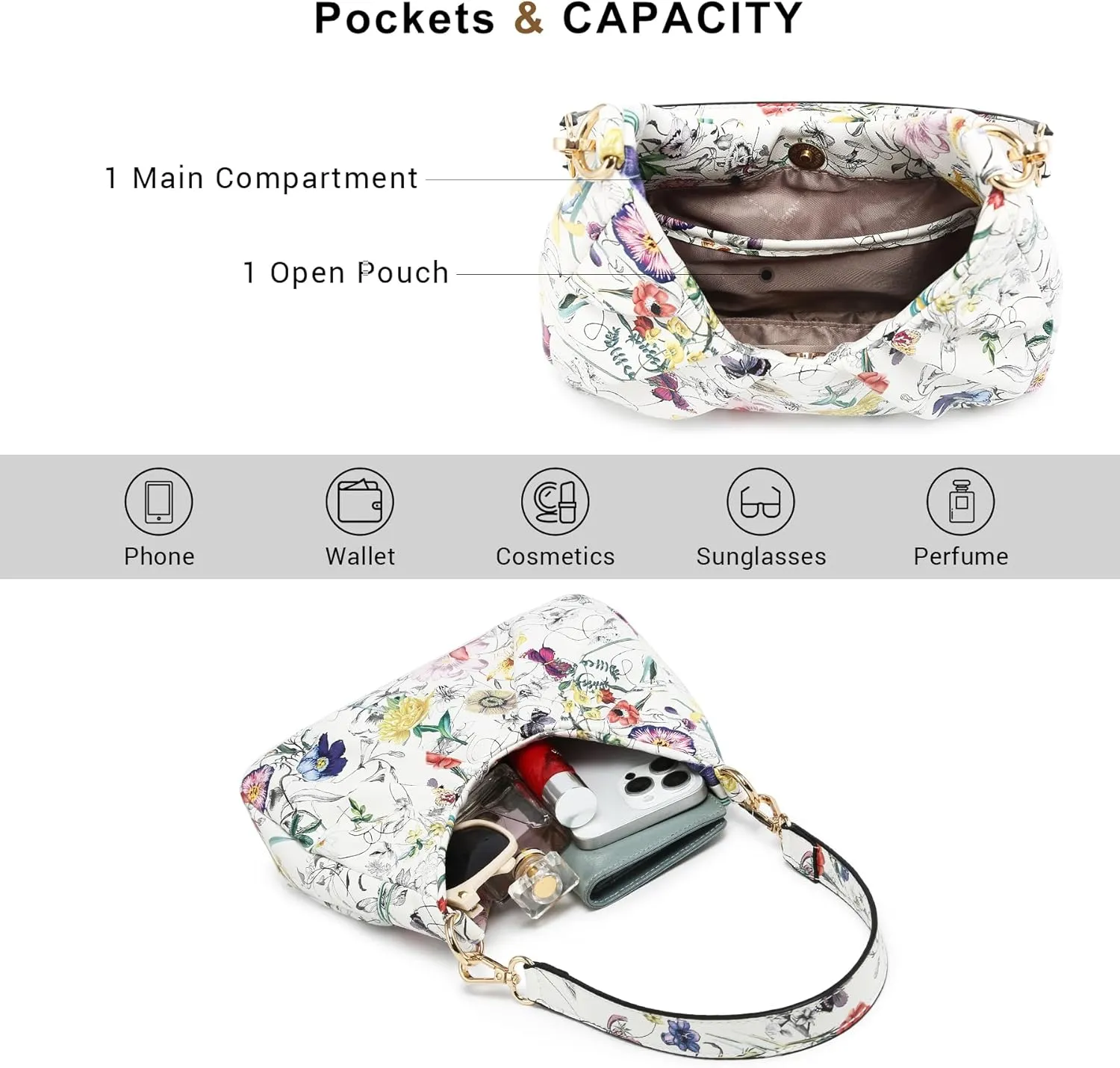 Dasein Ruched Hobo Handbag for Women Retro Shoulder Purse Crossbody Bag with 2 Removable Straps
