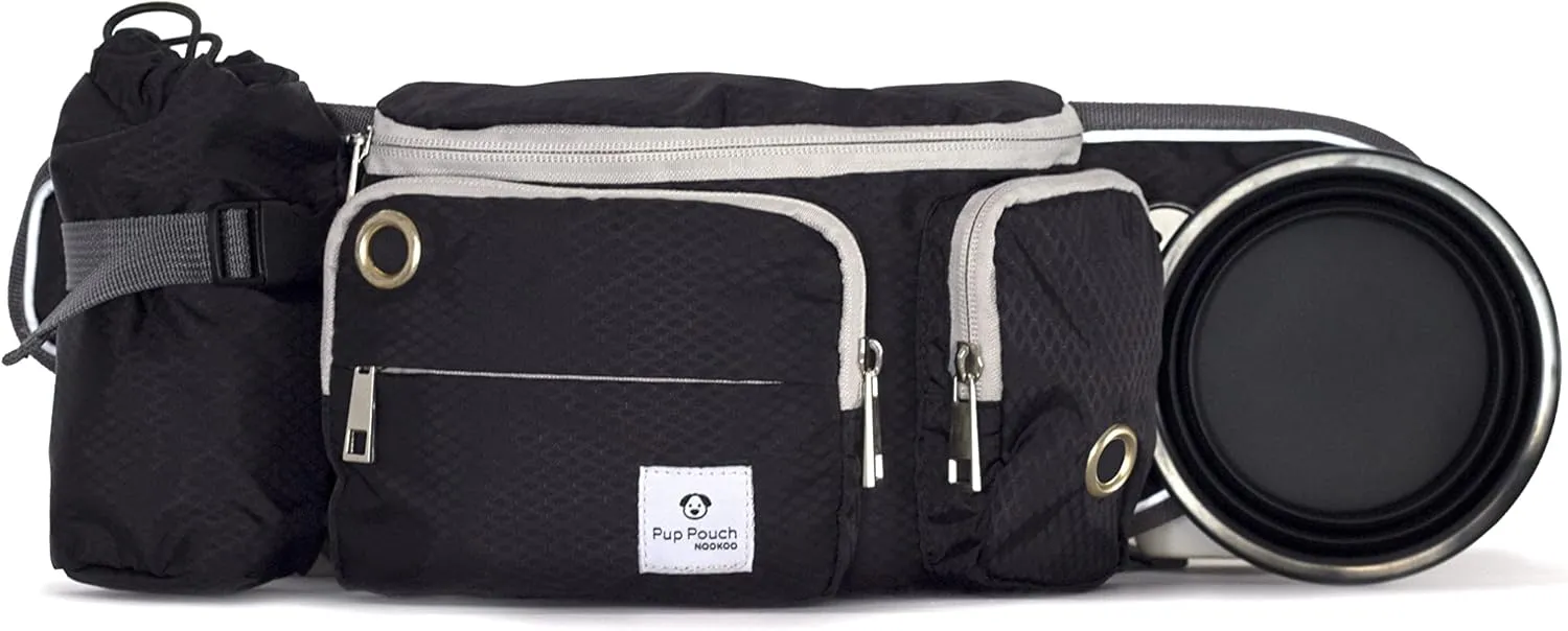 Dog Walk Waist Fanny Pack Treat Pouch with Collapsible Water Bowl and Water Bottle Holder- Large M/L Dogs (Black)