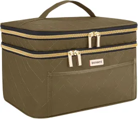 Double Layer Travel Makeup Bag Women, Large Cosmetic Case, Organizer for Travel-Size Accessories Bottles, Brushes, and Skin Care Products (Brown, Double-Layer)