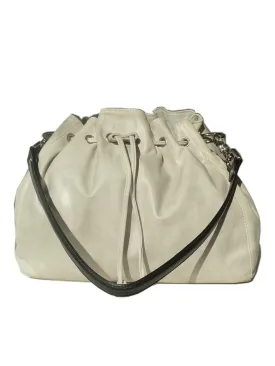 Drawstring Hobo Pouch Bag Napa Leather Grey Beige