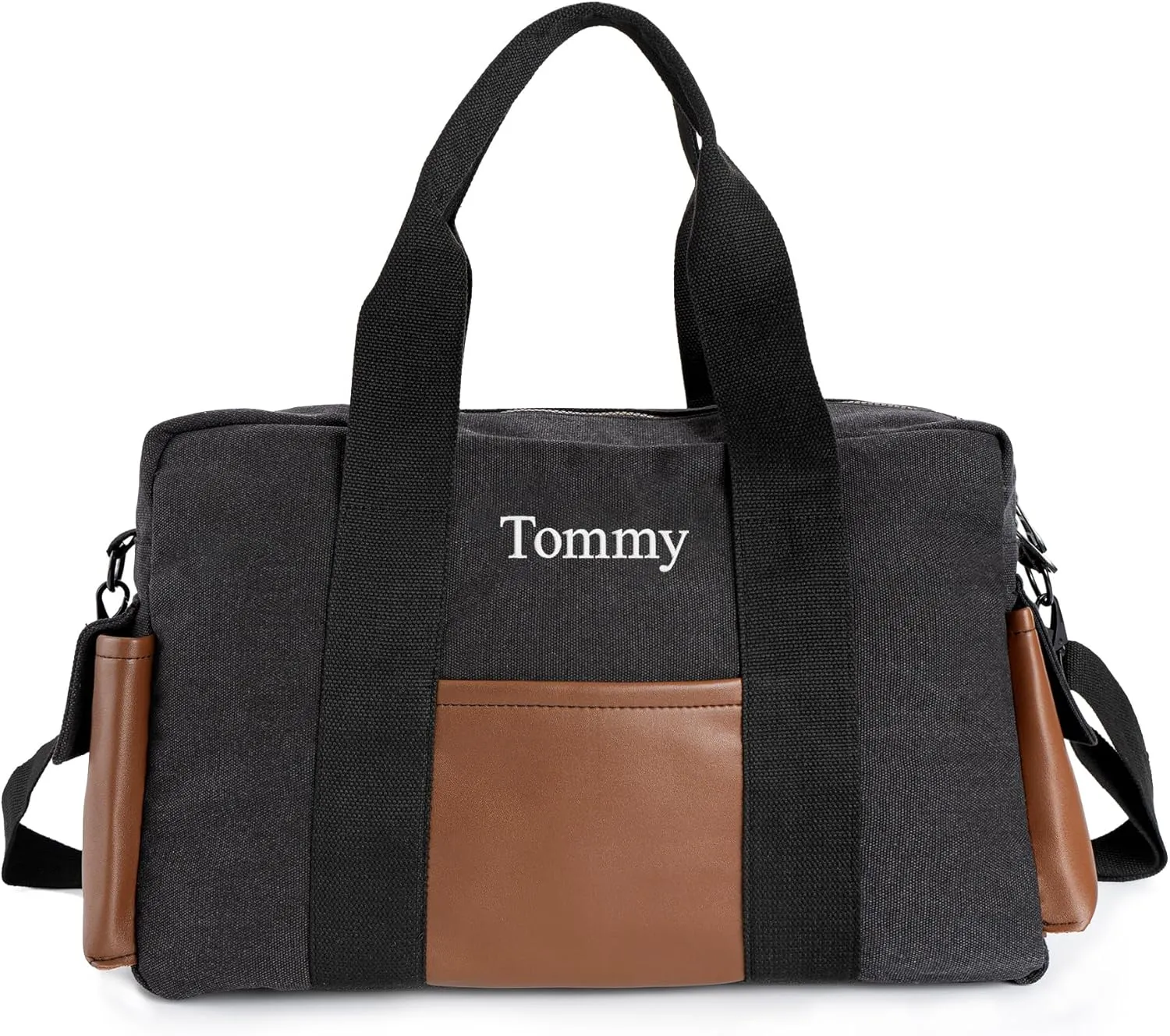 Duffle Bag for Men Personalized Overnight Bags with Name Weekender Bag with Leather Side Pocket Canvas Overnight Travel Bag Custom Groomsmen Gift for Wedding Travel Camping Moving (Black)