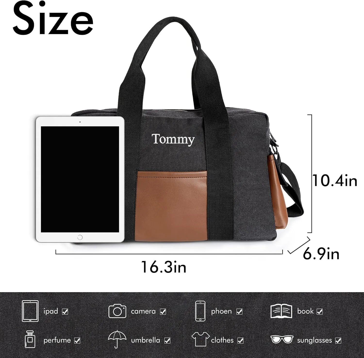 Duffle Bag for Men Personalized Overnight Bags with Name Weekender Bag with Leather Side Pocket Canvas Overnight Travel Bag Custom Groomsmen Gift for Wedding Travel Camping Moving (Black)
