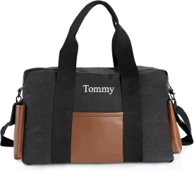 Duffle Bag for Men Personalized Overnight Bags with Name Weekender Bag with Leather Side Pocket Canvas Overnight Travel Bag Custom Groomsmen Gift for Wedding Travel Camping Moving (Black)