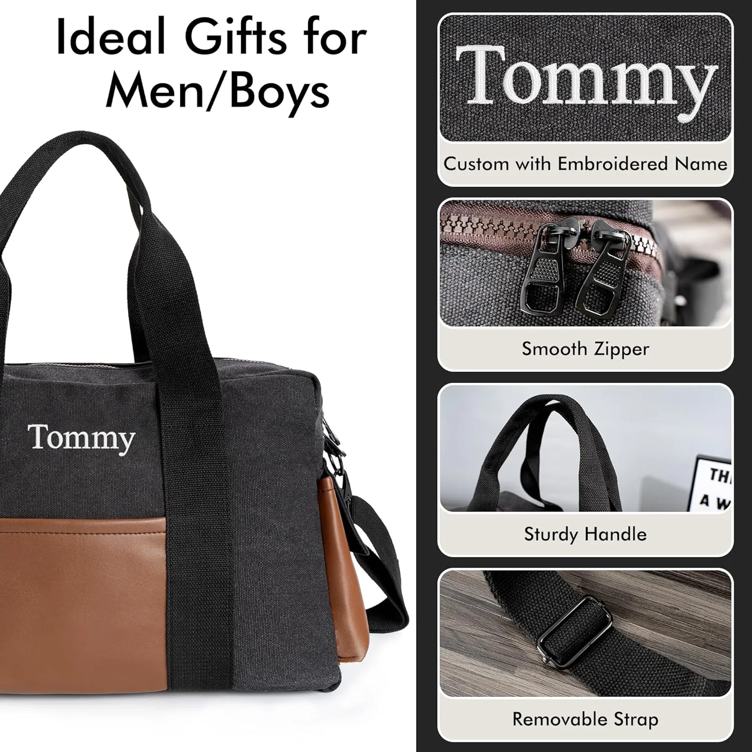 Duffle Bag for Men Personalized Overnight Bags with Name Weekender Bag with Leather Side Pocket Canvas Overnight Travel Bag Custom Groomsmen Gift for Wedding Travel Camping Moving (Black)