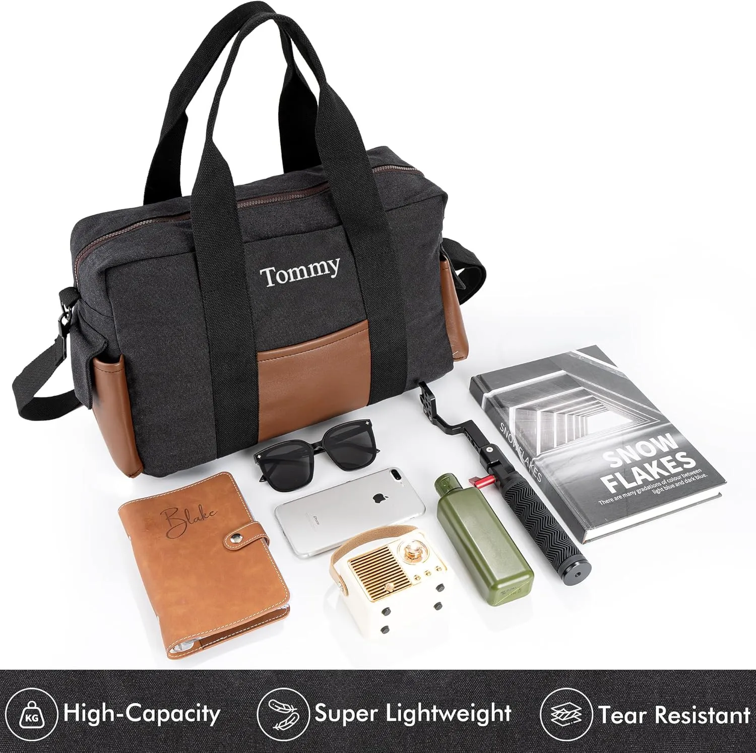 Duffle Bag for Men Personalized Overnight Bags with Name Weekender Bag with Leather Side Pocket Canvas Overnight Travel Bag Custom Groomsmen Gift for Wedding Travel Camping Moving (Black)