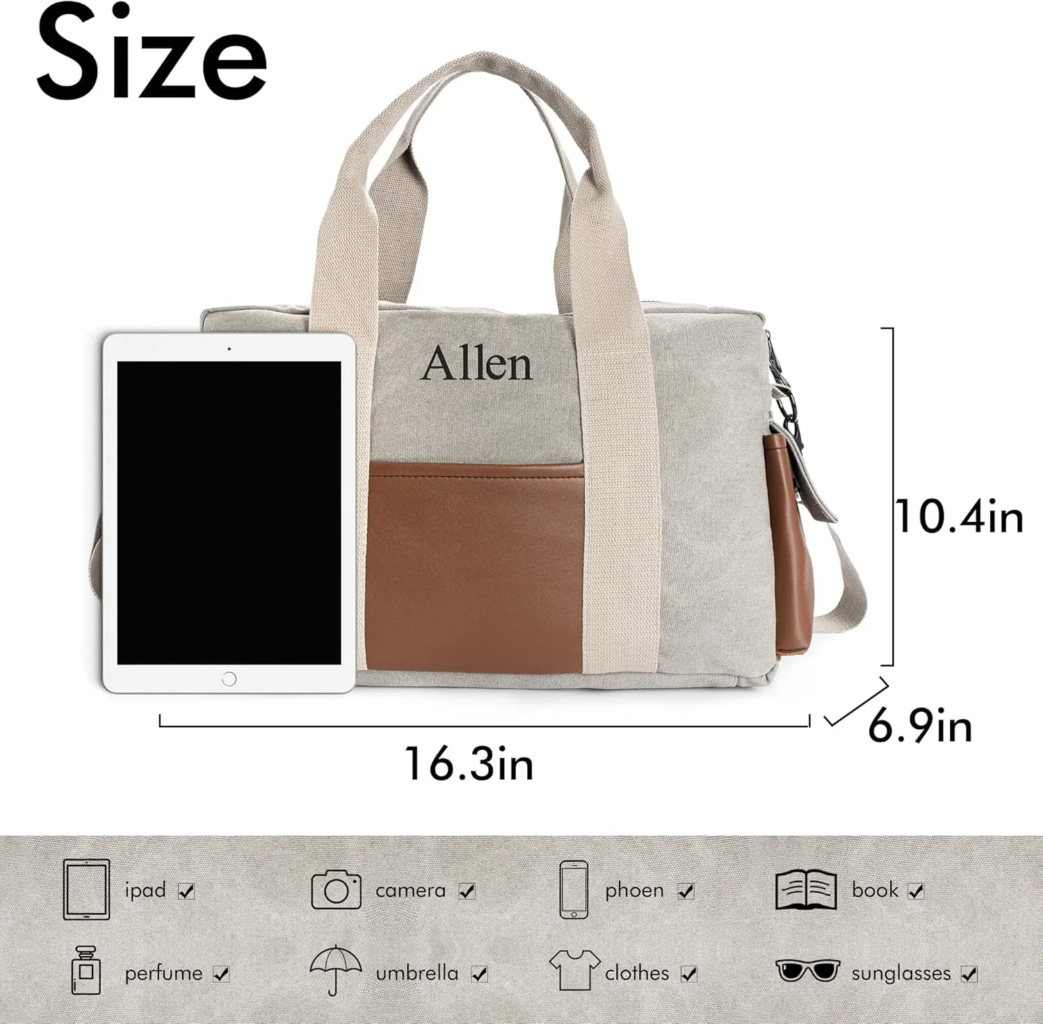 Duffle Bag for Men Personalized Overnight Bags with Name Weekender Bag with Leather Side Pocket Canvas Overnight Travel Bag Custom Groomsmen Gift for Wedding Travel Camping Moving (Gray)