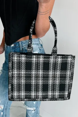 Essence Of Elegance Structured Plaid Tote Bag (Black)