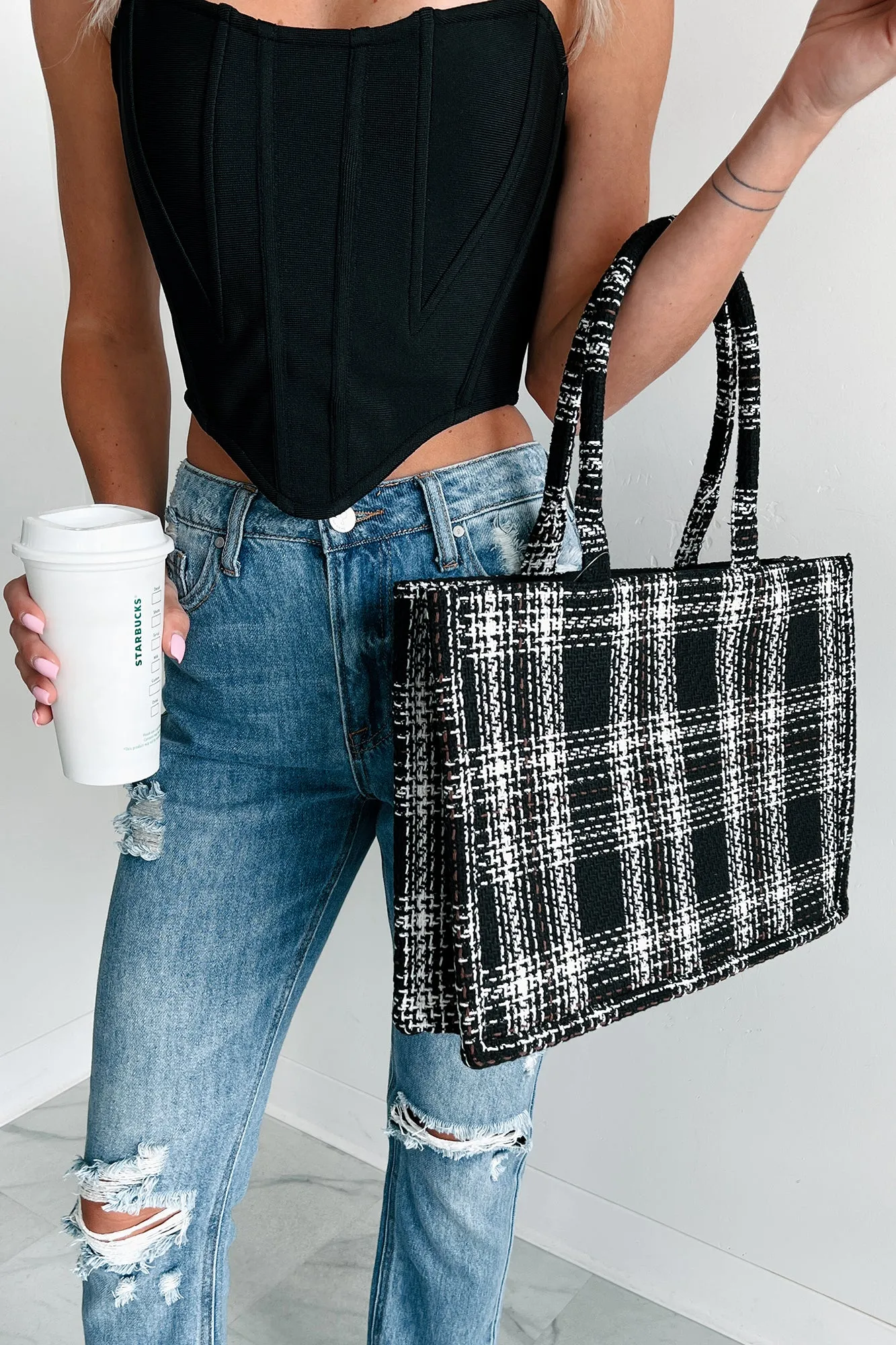 Essence Of Elegance Structured Plaid Tote Bag (Black)