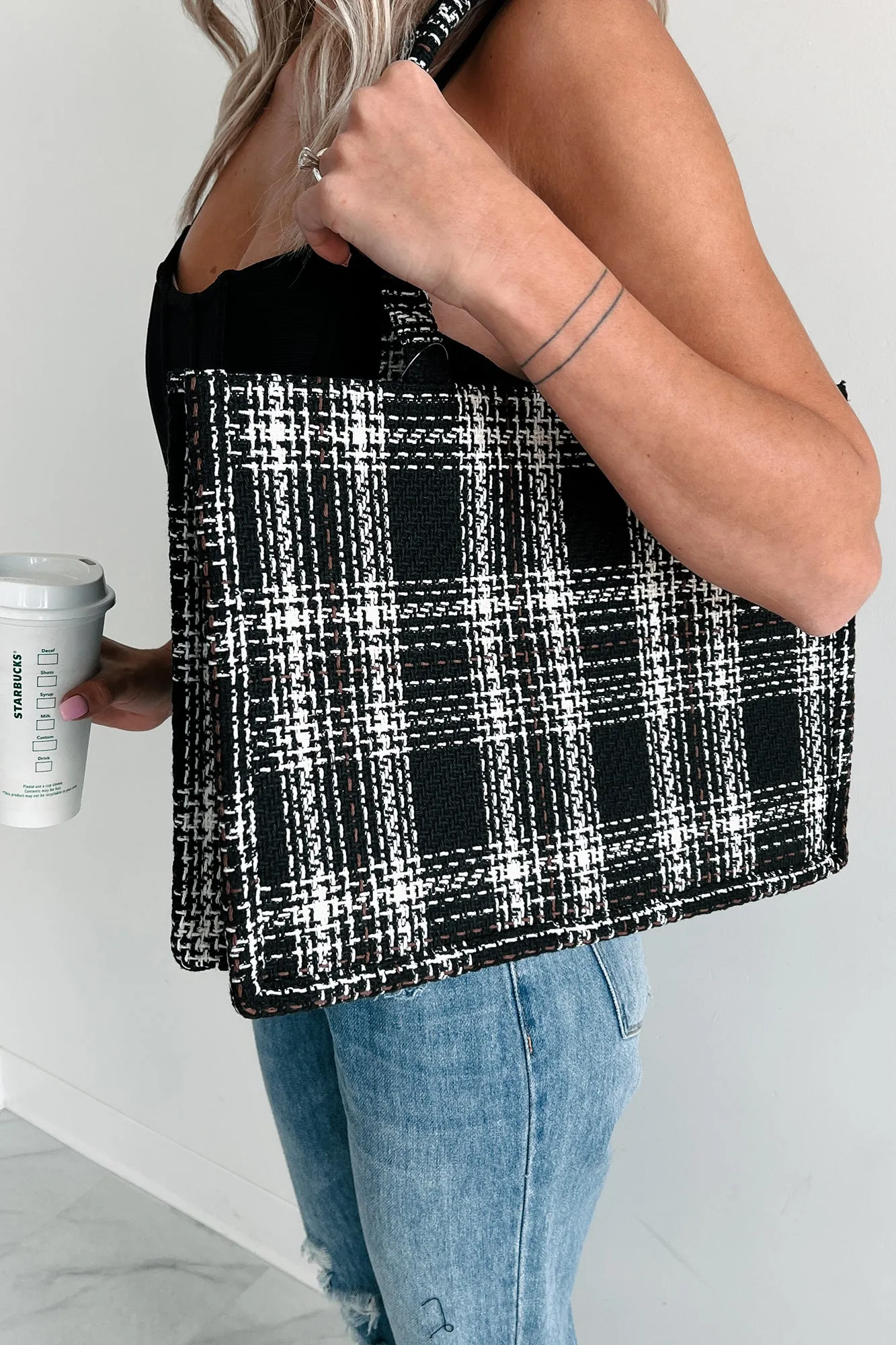 Essence Of Elegance Structured Plaid Tote Bag (Black)