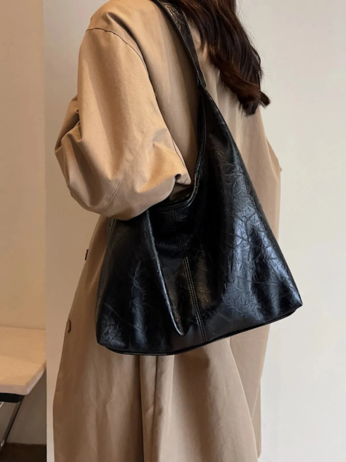 Faux Leather Slouchy Hobo Shoulder Bag