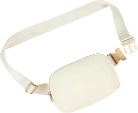 FORZAROCKET Boutique Belt Bag w/Long Strap 70"  Chic Crossbody Bag w/Extended Strap  Elegant Women Fanny Pack  Gold Two-Way Zipper  Travel & Plus Size Friendly, White Cream w/Gold Hardware