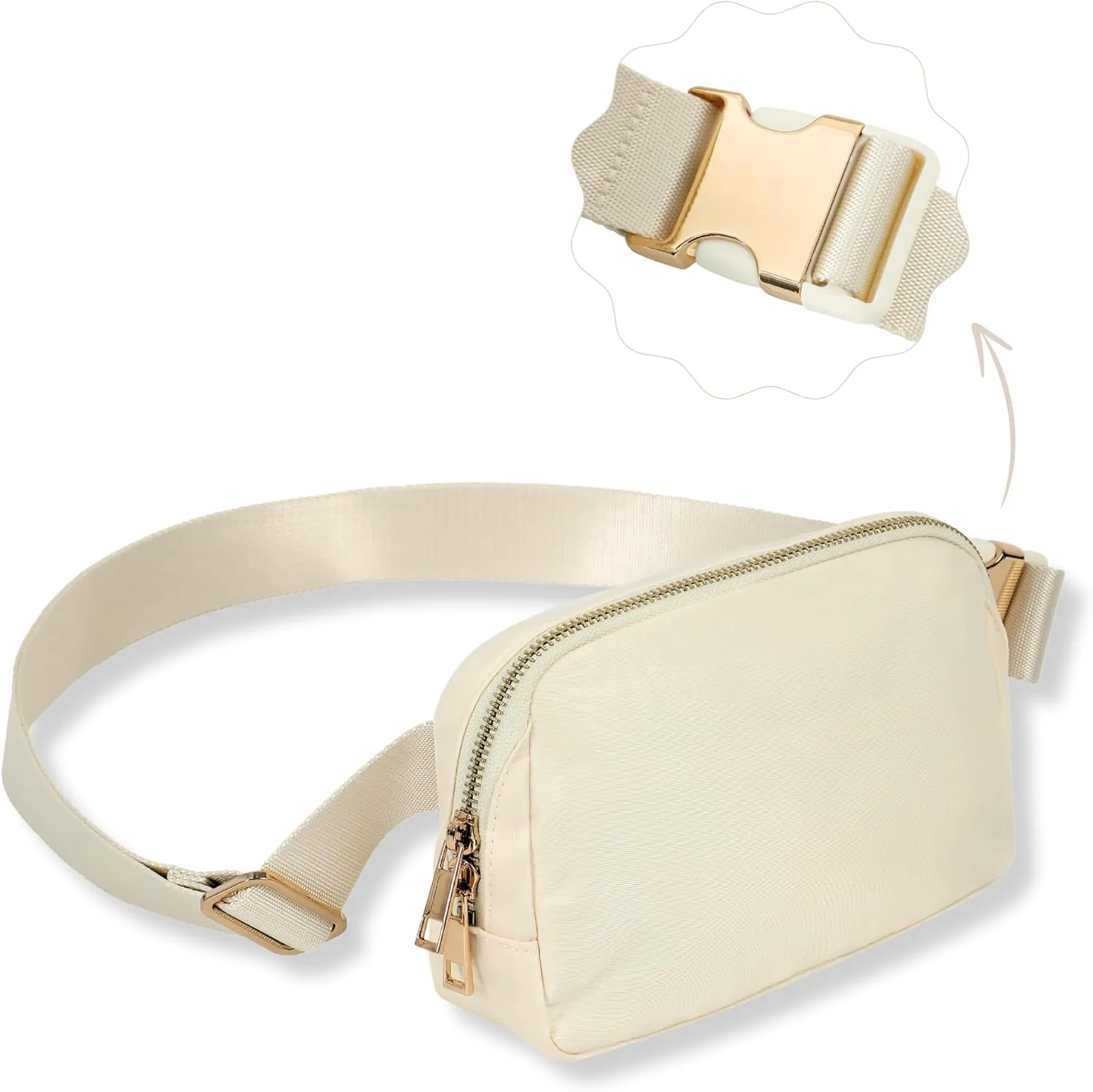 FORZAROCKET Boutique Belt Bag w/Long Strap 70"  Chic Crossbody Bag w/Extended Strap  Elegant Women Fanny Pack  Gold Two-Way Zipper  Travel & Plus Size Friendly, White Cream w/Gold Hardware