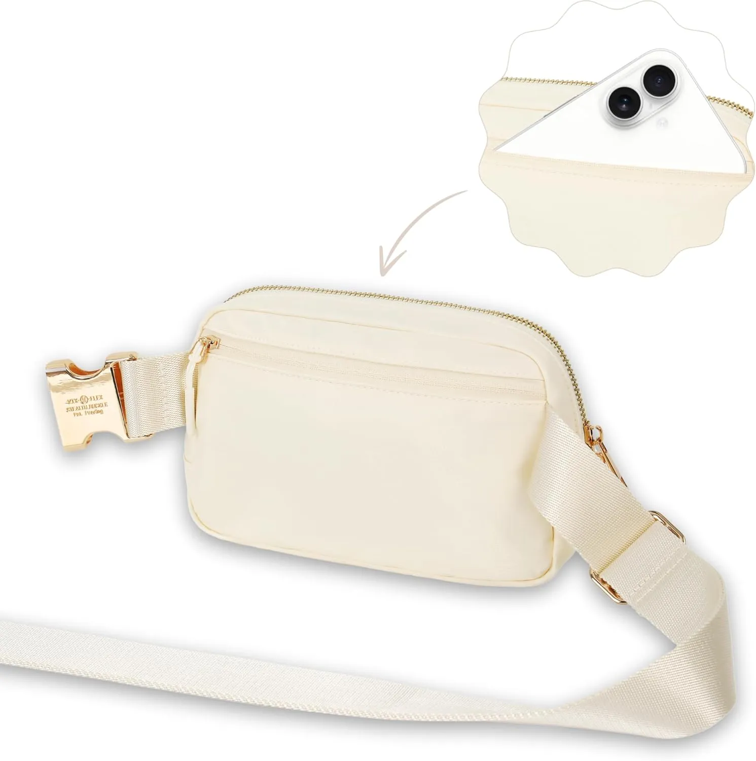 FORZAROCKET Boutique Belt Bag w/Long Strap 70"  Chic Crossbody Bag w/Extended Strap  Elegant Women Fanny Pack  Gold Two-Way Zipper  Travel & Plus Size Friendly, White Cream w/Gold Hardware