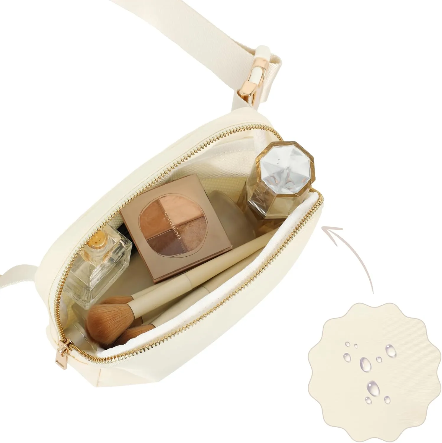 FORZAROCKET Boutique Belt Bag w/Long Strap 70"  Chic Crossbody Bag w/Extended Strap  Elegant Women Fanny Pack  Gold Two-Way Zipper  Travel & Plus Size Friendly, White Cream w/Gold Hardware