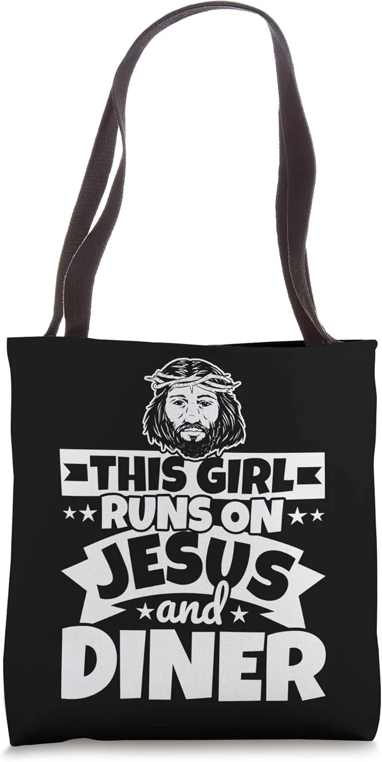 Girl runs on Jesus and diner Tote Bag