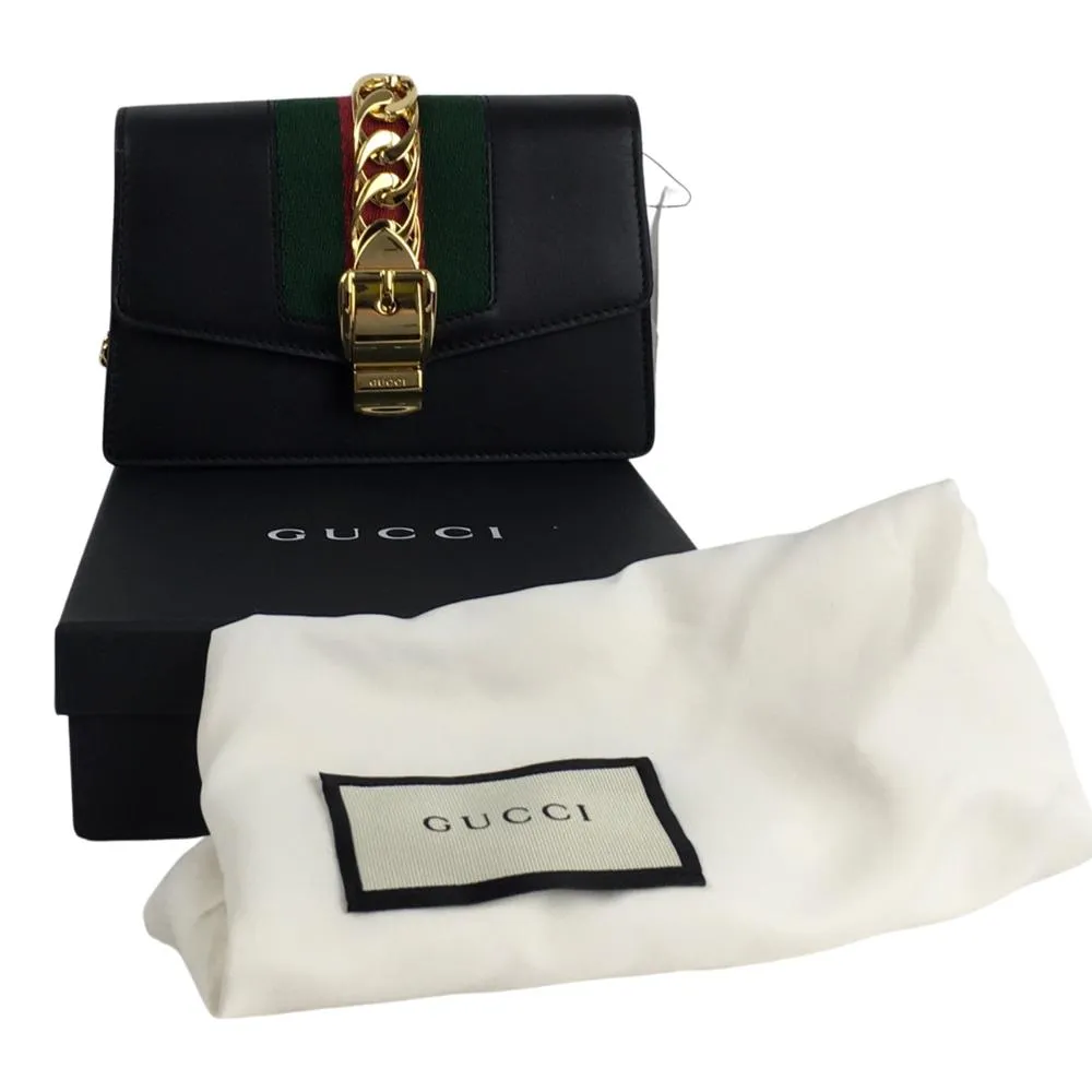 Gucci Women's Black Leather Calfskin Super Mini Sylvie Chain Shoulder Bag Sz 6.5"L x 1.5"W x 4"H