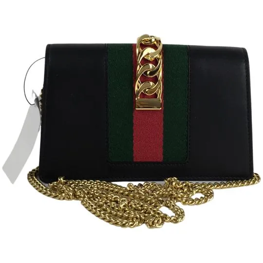 Gucci Women's Black Leather Calfskin Super Mini Sylvie Chain Shoulder Bag Sz 6.5"L x 1.5"W x 4"H