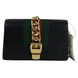 Gucci Women's Black Leather Calfskin Super Mini Sylvie Chain Shoulder Bag Sz 6.5"L x 1.5"W x 4"H