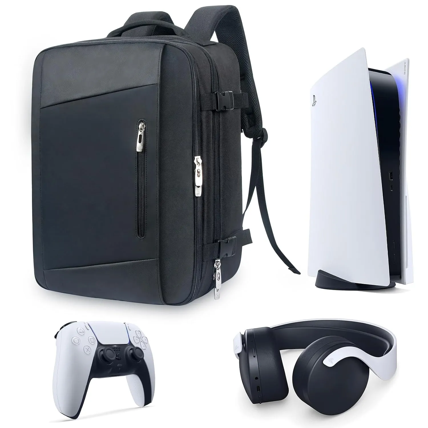 Hap Tim Travel Backpack for PS5 Console, Padded Protection PlayStation 5 Carrying Case, Large Capacity for Laptop, PS5 Controller, Headset, Game Discs and Accessories, Black P-2306