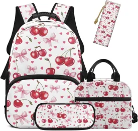 HUGS IDEA Cartoon Cherry Backpack for Girls 4 in 1 Bookbag and Lunch Box Set Kawaii School Bag with Bookmark Lightweight Children Backpacks for Girls 8-10 Cute Elementary Bookbag