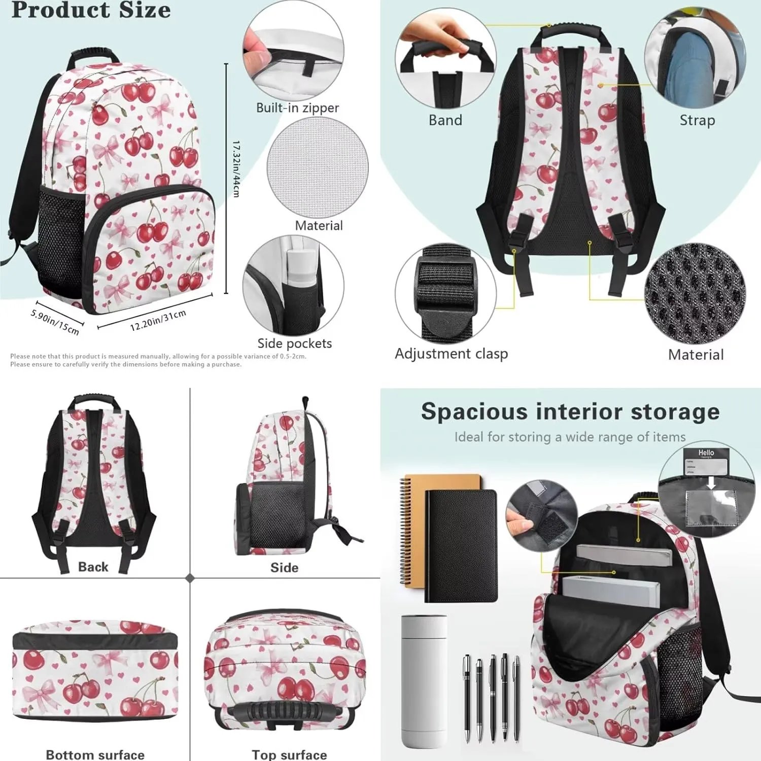 HUGS IDEA Cartoon Cherry Backpack for Girls 4 in 1 Bookbag and Lunch Box Set Kawaii School Bag with Bookmark Lightweight Children Backpacks for Girls 8-10 Cute Elementary Bookbag