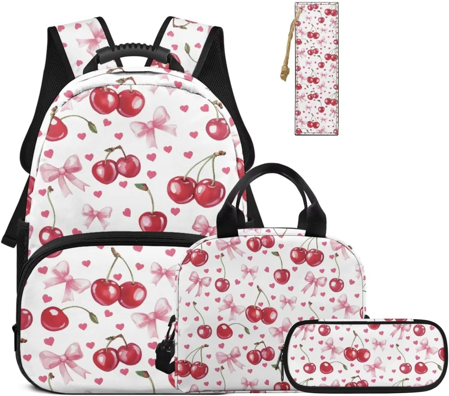 HUGS IDEA Cartoon Cherry Backpack for Girls 4 in 1 Bookbag and Lunch Box Set Kawaii School Bag with Bookmark Lightweight Children Backpacks for Girls 8-10 Cute Elementary Bookbag