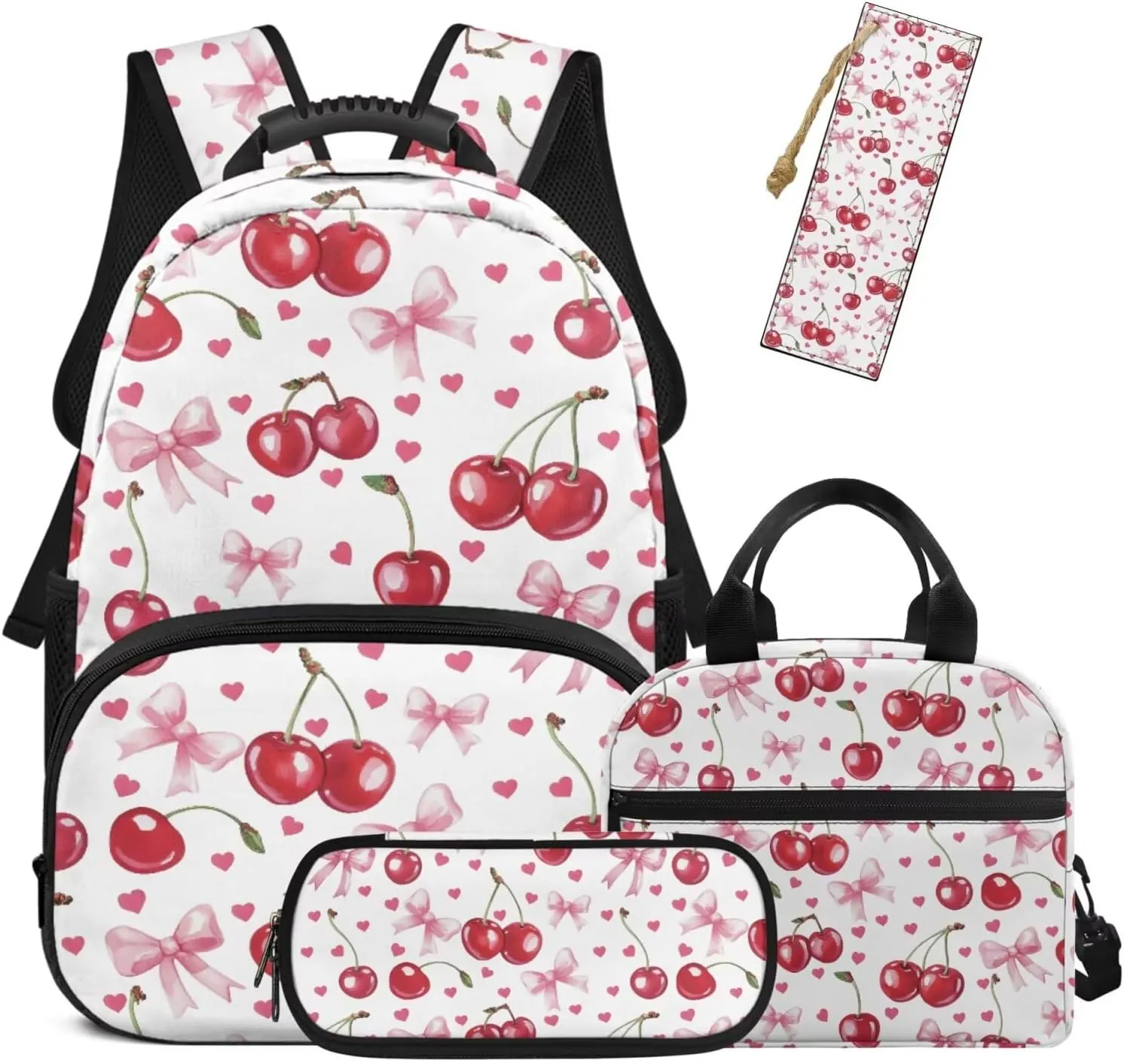 HUGS IDEA Cartoon Cherry Backpack for Girls 4 in 1 Bookbag and Lunch Box Set Kawaii School Bag with Bookmark Lightweight Children Backpacks for Girls 8-10 Cute Elementary Bookbag