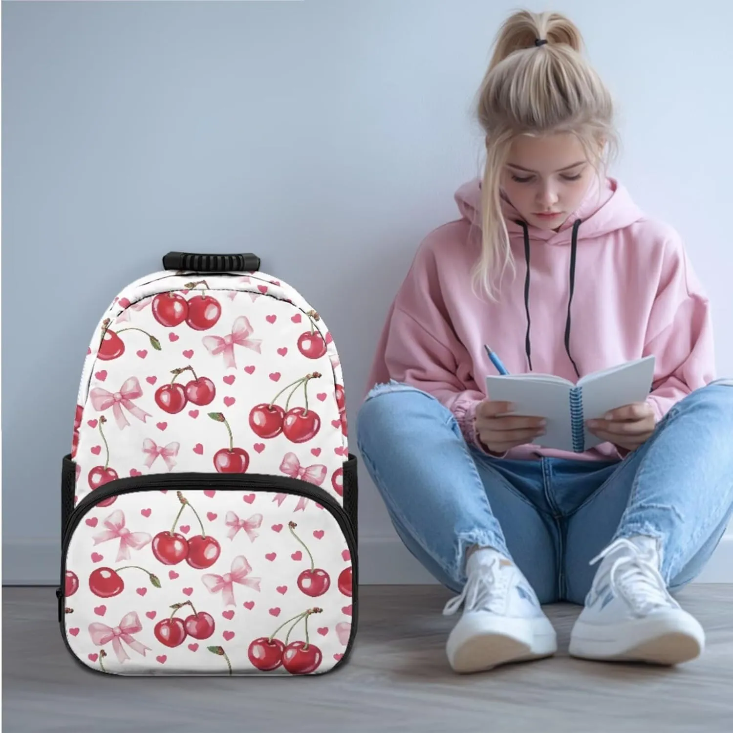 HUGS IDEA Cartoon Cherry Backpack for Girls 4 in 1 Bookbag and Lunch Box Set Kawaii School Bag with Bookmark Lightweight Children Backpacks for Girls 8-10 Cute Elementary Bookbag