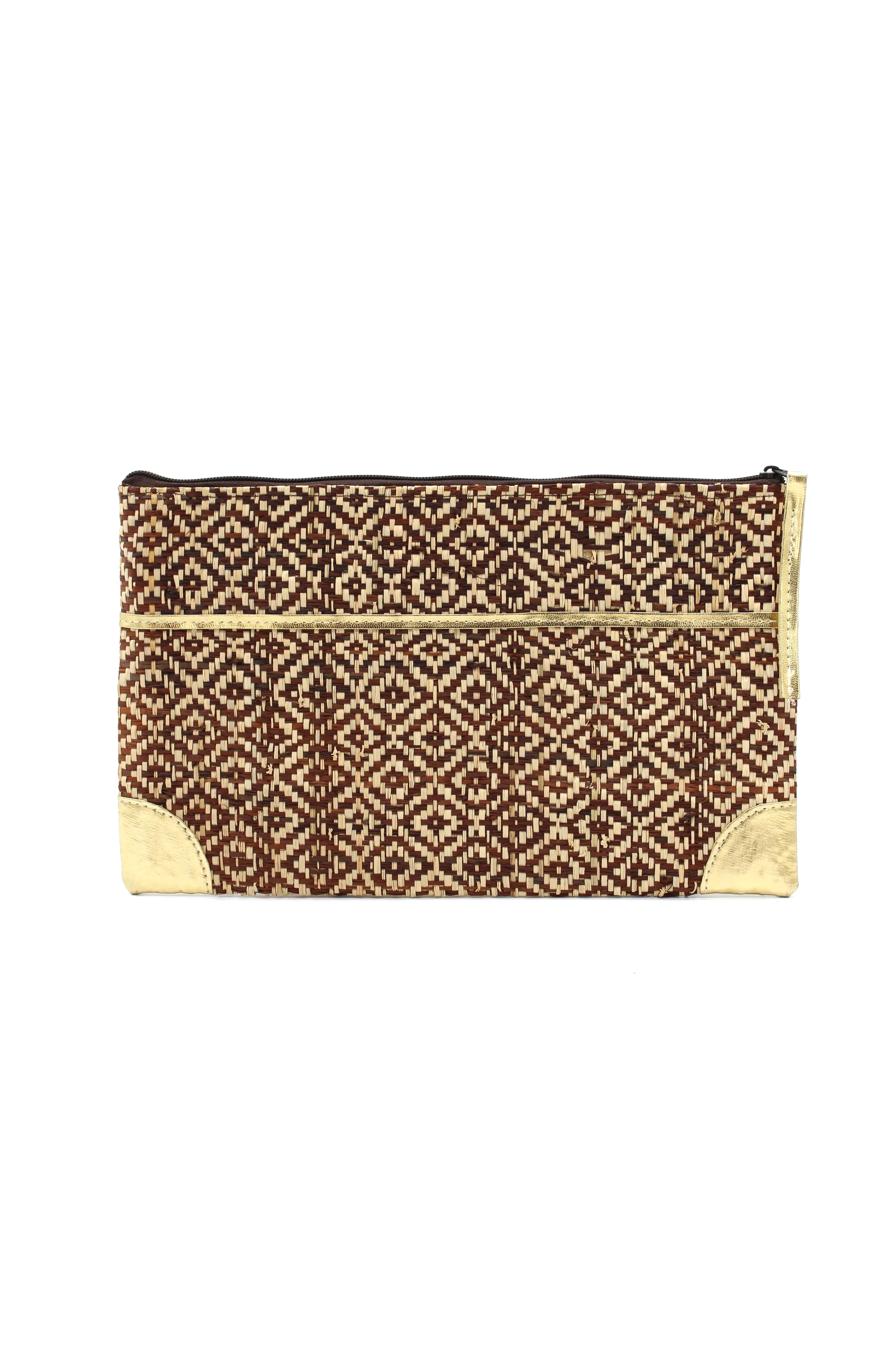 Inverness Woven Straw Clutch with Metallic Accents