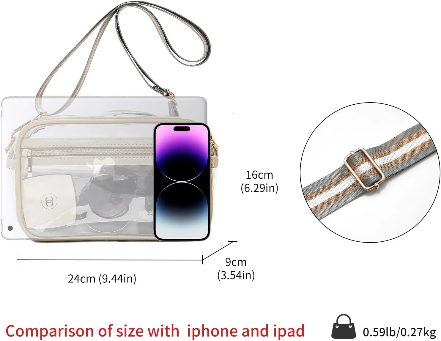 LAORENTOU Clear Designer Crossbody Bag for Women,Medium Jelly Shoulder Bag with Zipper,Purses with Adjustable Shoulder Strap