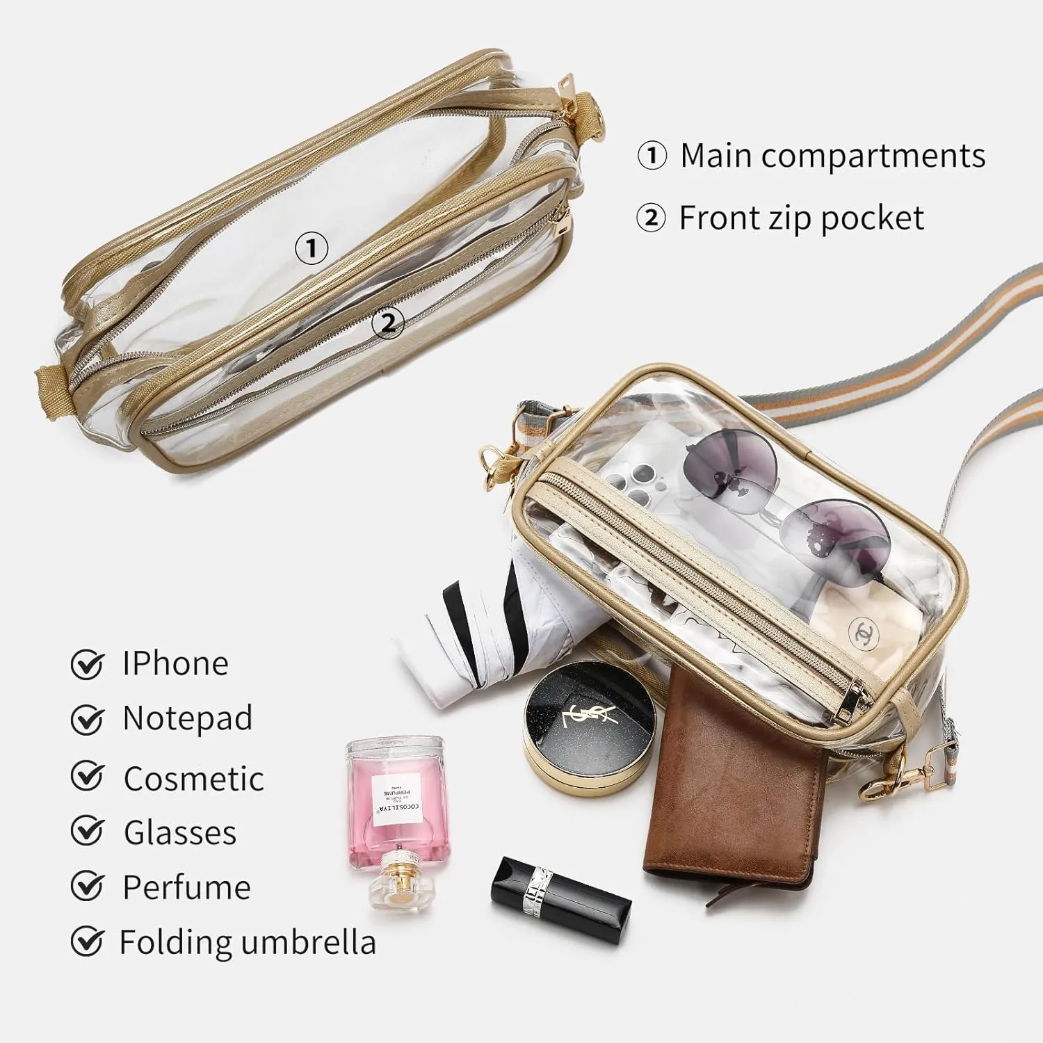 LAORENTOU Clear Designer Crossbody Bag for Women,Medium Jelly Shoulder Bag with Zipper,Purses with Adjustable Shoulder Strap