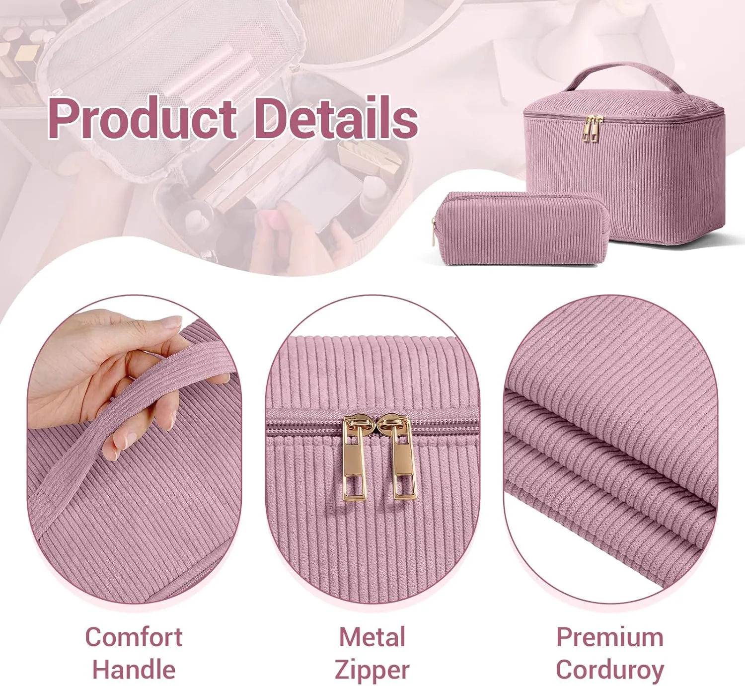 MAGEFY 2Pcs Makeup Bag,Cosmetic Bag Large Capacity with Handle Small Makeup Bag for Purse, Travel Makeup Pouch for Women,Pink