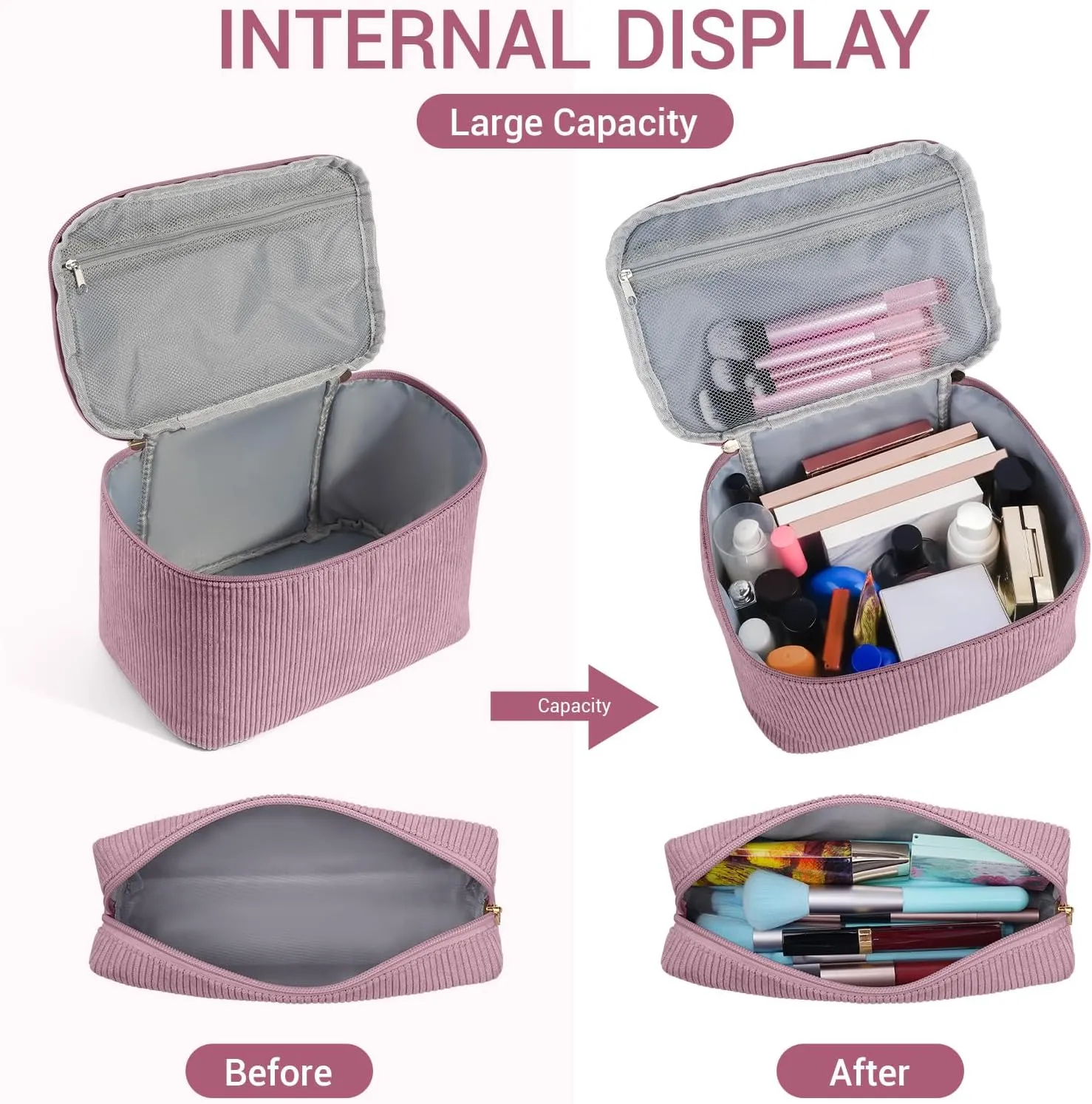 MAGEFY 2Pcs Makeup Bag,Cosmetic Bag Large Capacity with Handle Small Makeup Bag for Purse, Travel Makeup Pouch for Women,Pink