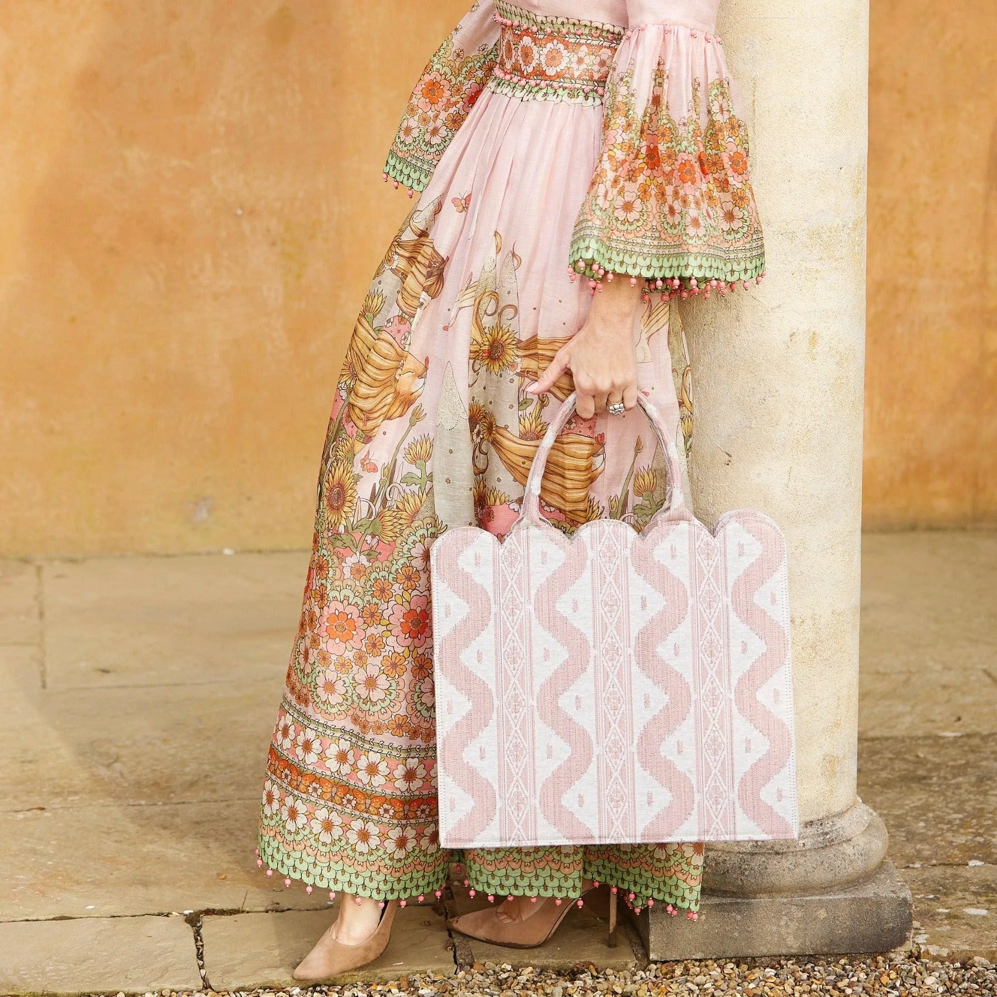 Mrs. Alice Tote Bag (Pink Ikat) With Bow