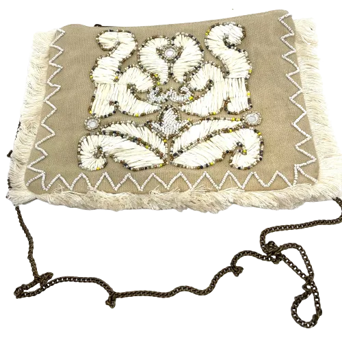 Natural beaded/fringed clutch