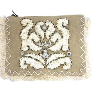 Natural beaded/fringed clutch